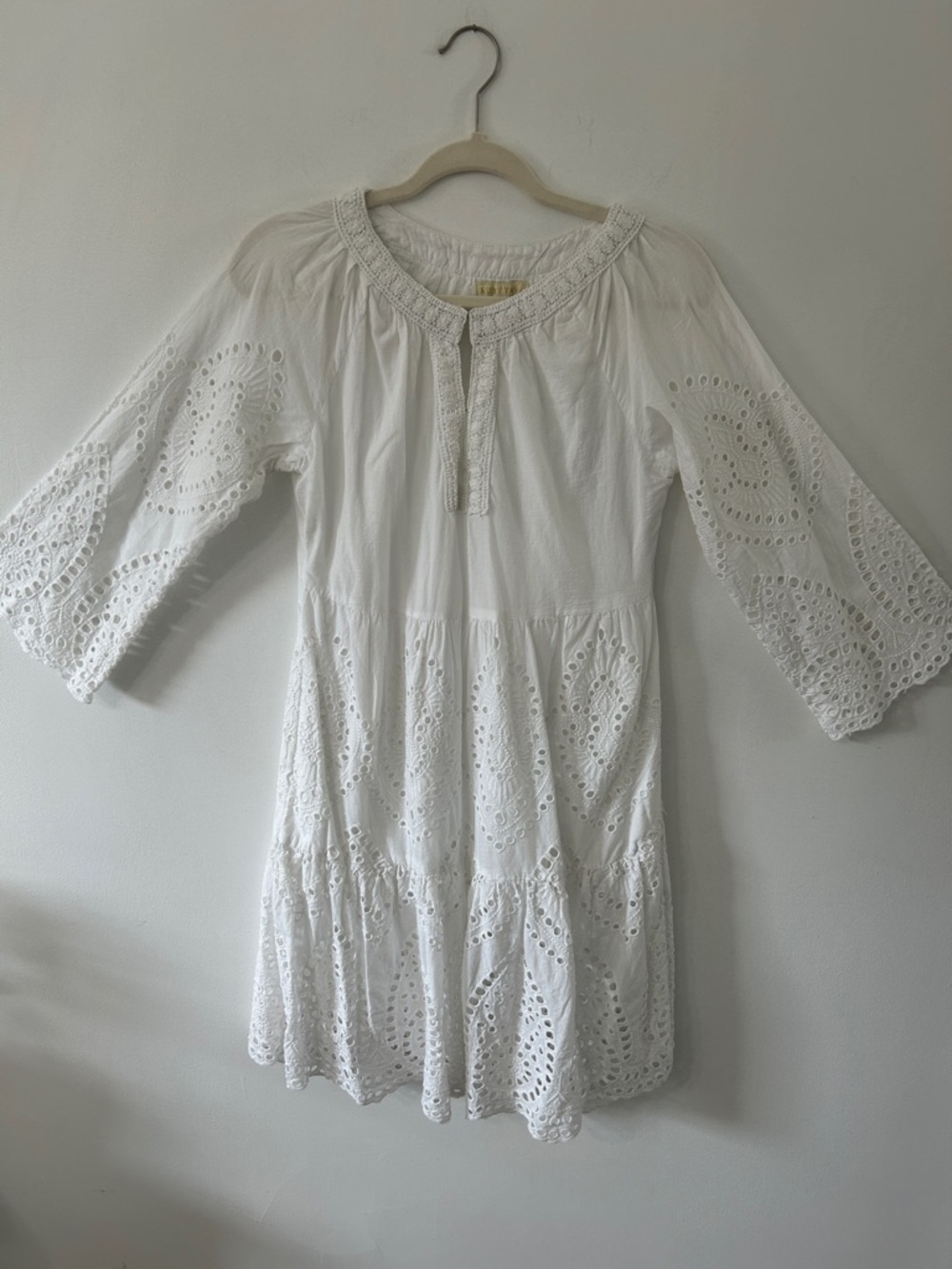 RubyYaya Eyelet Dress Size S White Bell Sleeve Boho Embroidered
